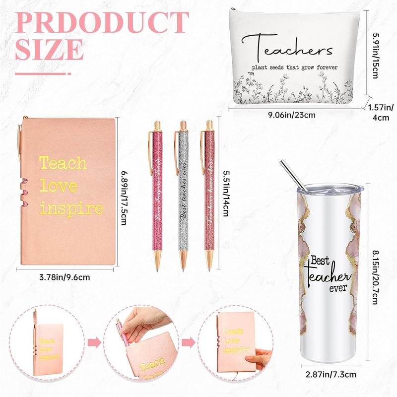 6 count Christmas Teacher Appreciation Gift Set for Women 20 oz Marble Sign Tumbler Inspirational Ballpoint Pen Notebooks with Makeup Bag Christmas Teacher Thank You Gifts(Rose Pink,Teacher)