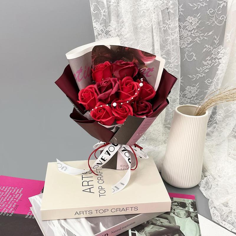 Artificial Rose Bouquet, 1 Count 9 Flowers Faux Rose Bouquet, Gift for Wedding Birthday Festival Party