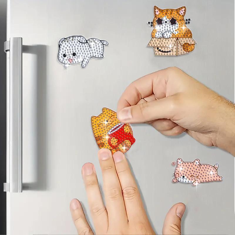 Cartoon Cat Pattern Refrigerator DIY Sticker, 8 Counts set DIY Diamond Art Painting Kit, DIY Refrigerator Sticker for Car, Notes, Memo, Photo