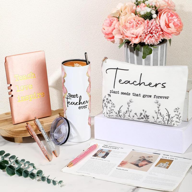 6 count Christmas Teacher Appreciation Gift Set for Women 20 oz Marble Sign Tumbler Inspirational Ballpoint Pen Notebooks with Makeup Bag Christmas Teacher Thank You Gifts(Rose Pink,Teacher)