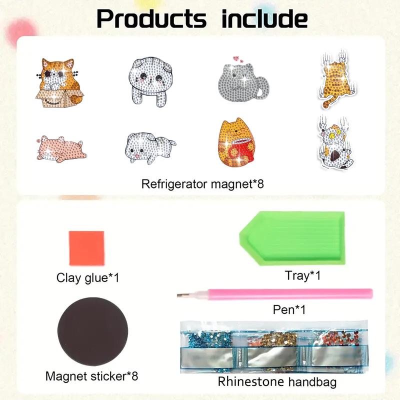 Cartoon Cat Pattern Refrigerator DIY Sticker, 8 Counts set DIY Diamond Art Painting Kit, DIY Refrigerator Sticker for Car, Notes, Memo, Photo