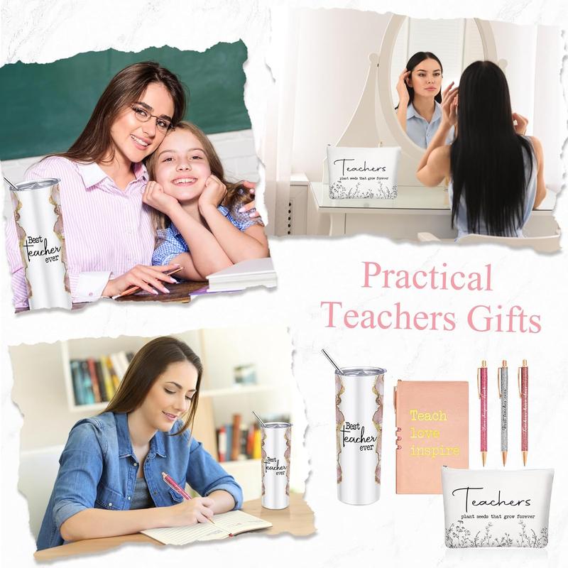 6 count Christmas Teacher Appreciation Gift Set for Women 20 oz Marble Sign Tumbler Inspirational Ballpoint Pen Notebooks with Makeup Bag Christmas Teacher Thank You Gifts(Rose Pink,Teacher)