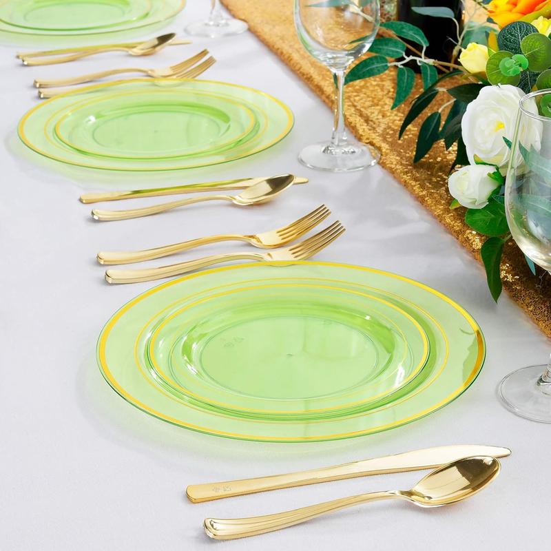 Wellife 150PCS Mint Plastic Plates With Gold Rim & Disposable Gold Plastic Silverware-Green Plastic Dinnerware For Wedding&Parties - 30 Dinner Plates,30 Salad Dessert Plates,30 Forks,30 Knives,30 Spoon