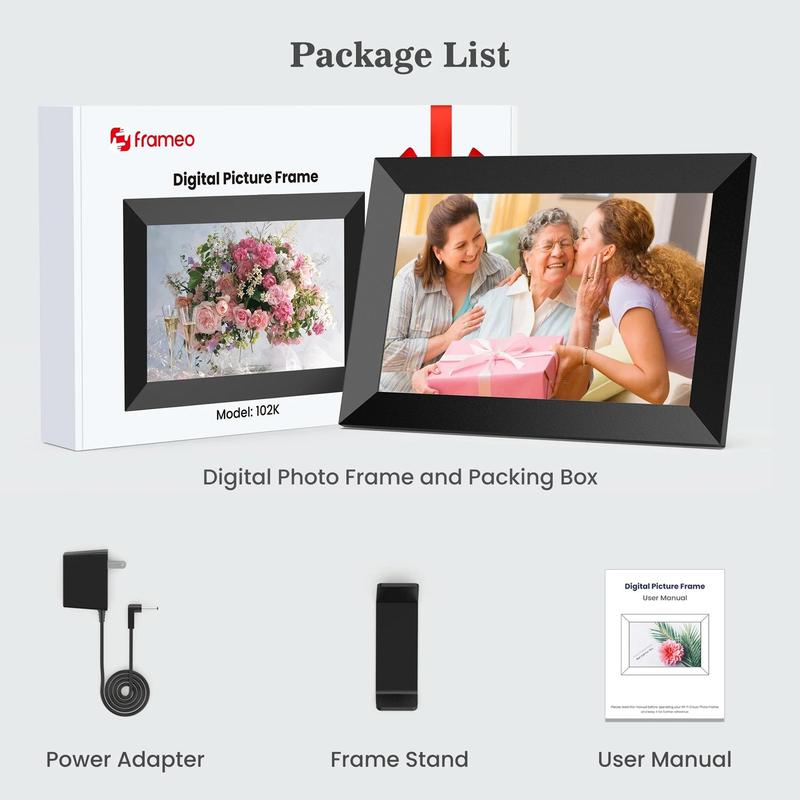 Christmas Gift Frameo WiFi Digital Photo Frame, Real-time Photo Transmission, 10.1 Inch HD IPS Smart Touch Screen Photo Frame, Support 32GB Memory and Cloud Album, Automatic Rotation or Wall Hanging, Creative Birthday Gift