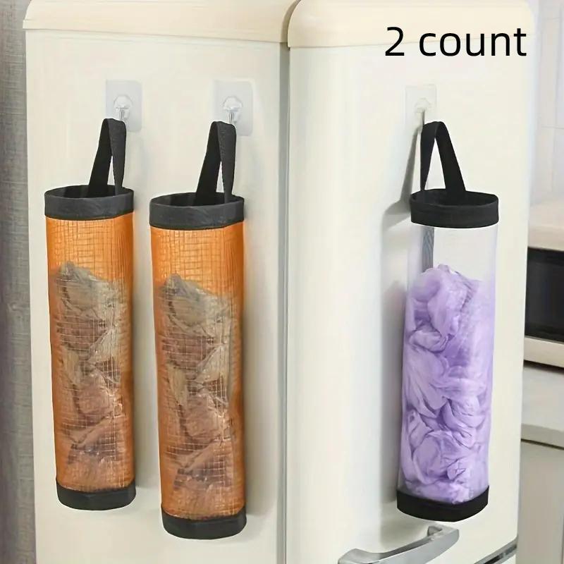 Random Color Mesh Hanging Plastic Bag Holder, 2 Counts Hangable Trash Bag Organizer, Household Sale Items, Hanging Storage Dispenser, Kitchen Organizer