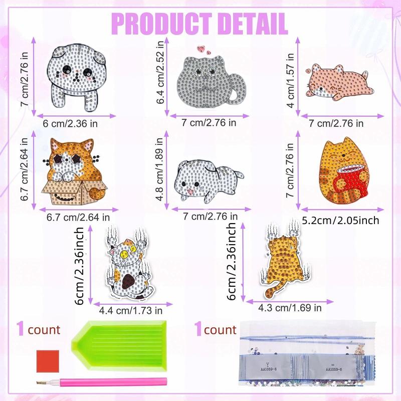 Cartoon Cat Pattern Refrigerator DIY Sticker, 8 Counts set DIY Diamond Art Painting Kit, DIY Refrigerator Sticker for Car, Notes, Memo, Photo