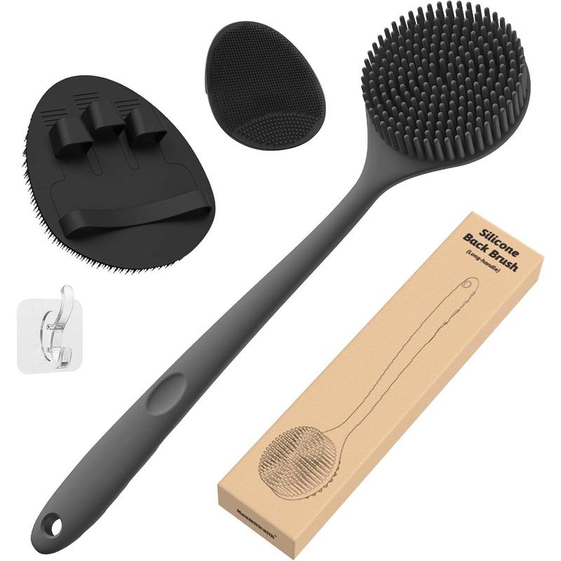 Silicone Back Scrubber (Thick Bristles) & Bath Glove & Face Brush Set(3PCS), Super-Exfoliating & Lathering Body Scrubber, Shower Brush, Face Scrubber Combination, with a Free Hook.(Black) sponge baby