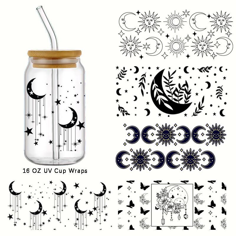 Boho Style Sun & Moon Pattern Decals, 5 Counts set DIY Decorative UV Transfer Stickers for Glass Cup Bottle, Waterproof & Scratch Resistant Sticker