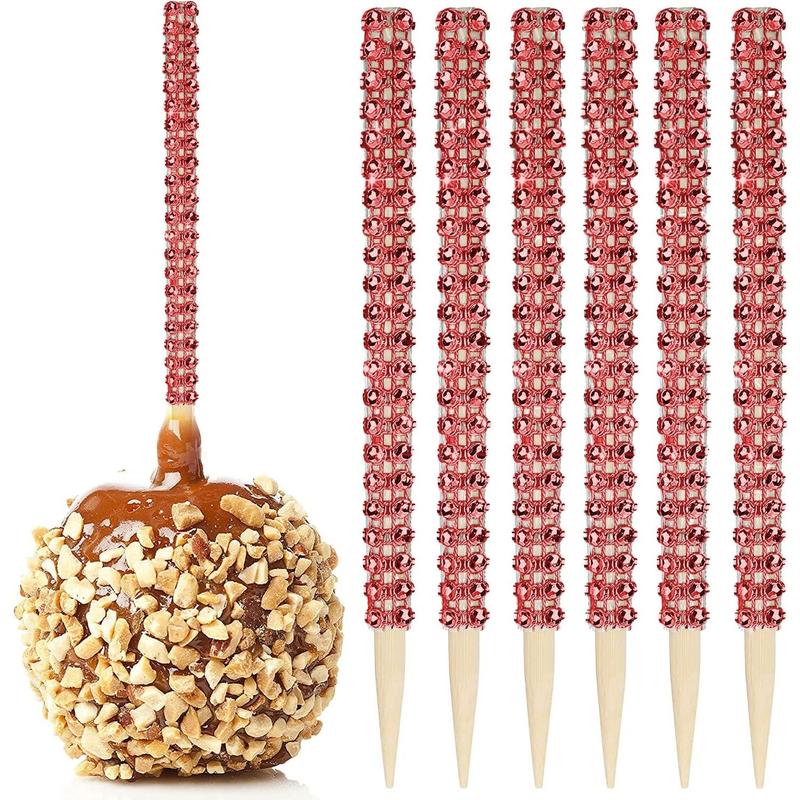 32count Bling Candy Apple Bamboo Sticks,Caramel Apple Wooden Pointed Skewers with Rhinestones Diamond Mesh Wrap,Fruit Treats Bar for Dessert Table Tea Party Birthday Wedding (Gold)