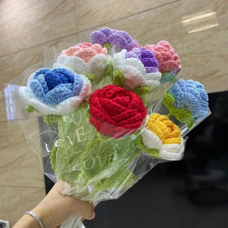 8 count Hand-Woven Roses,Knitting Crochet Flower Bouquet,Crochet Handmade Red Rose Artificial ,Wedding Decor Suitable for Anniversaries Celebrations Birthday Gift,Multicolor