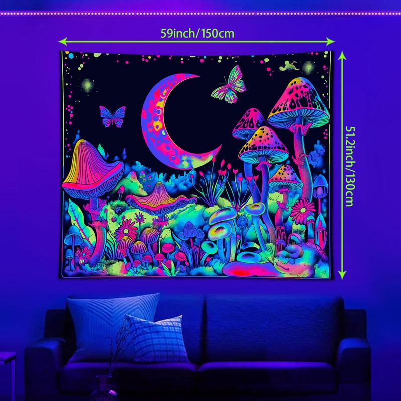 Mushroom & Moon & Butterfly Pattern Tapestry, 1 Count UV Reactive Fluorescent Tapestry, Neon Light Effect Wall Hanging Blanket for Bedroom & Living Room