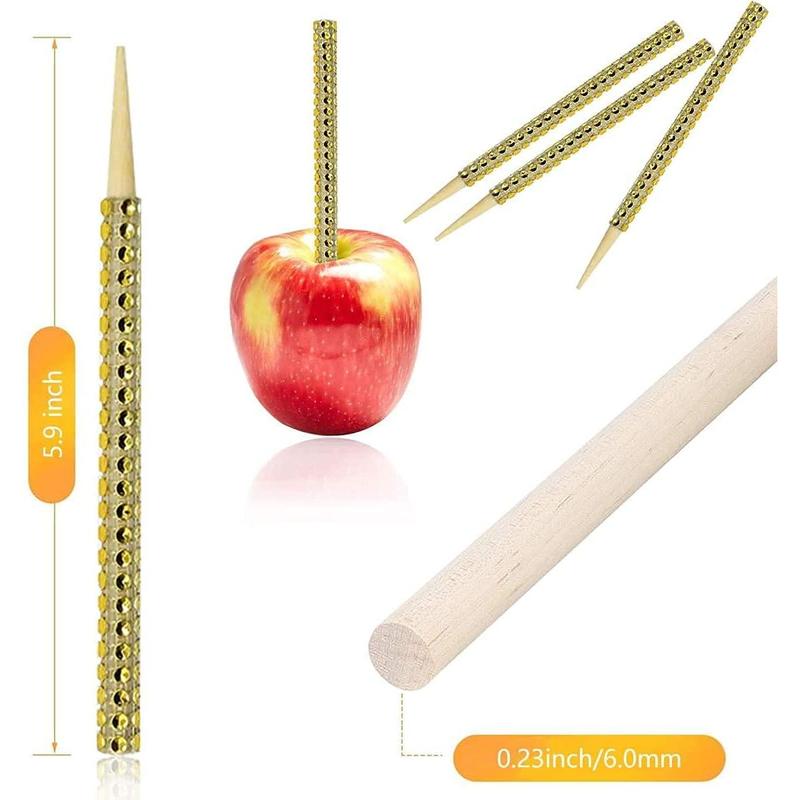 32count Bling Candy Apple Bamboo Sticks,Caramel Apple Wooden Pointed Skewers with Rhinestones Diamond Mesh Wrap,Fruit Treats Bar for Dessert Table Tea Party Birthday Wedding (Gold)