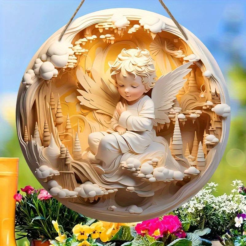 Wooden Hanging Ornament, 1 Count Angel Statue Castle Pattern Round Wooden Sign, Hanging Decor for Home Living Room Bedroom Church