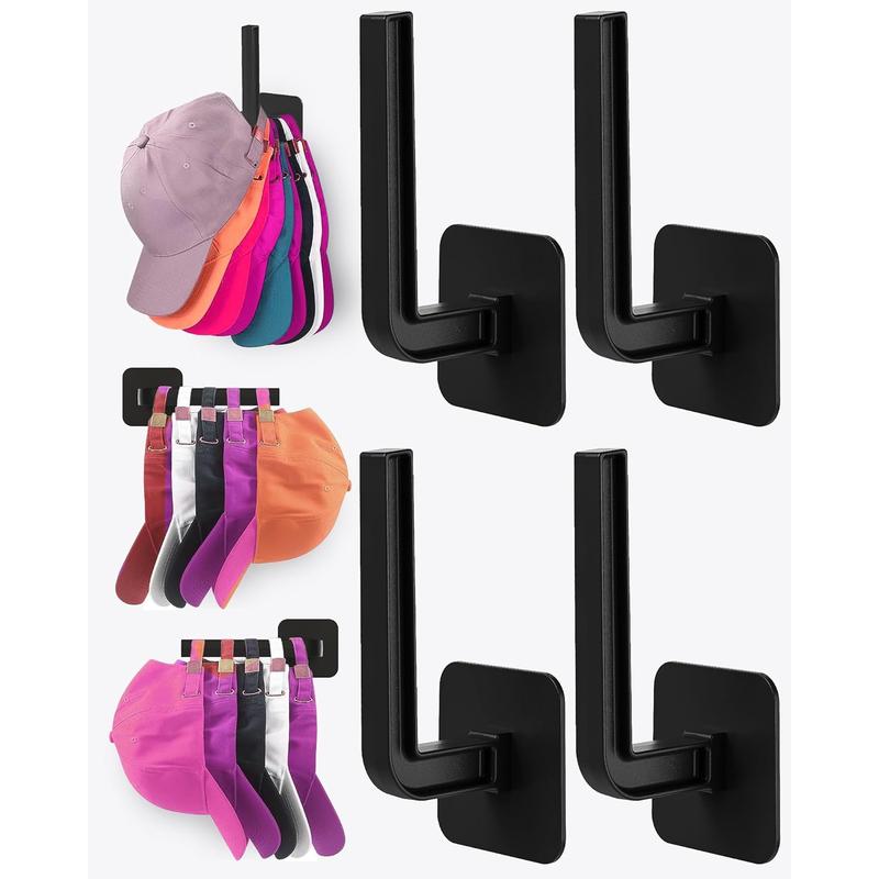 Hat Rack for Hat Storage (4-Pack), Multi-Purpose Hat Organizer, Strong Adhesive Hat Hooks for Wall Hat Organizer for Baseball Caps, Two Mounting Options Hat Hook, Black Sunfanie