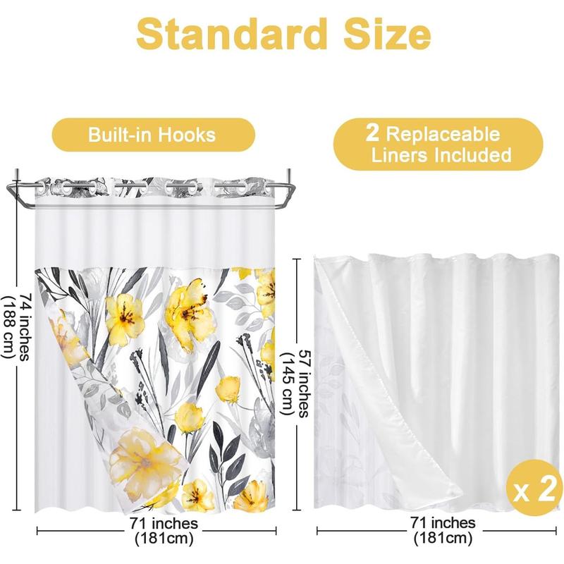 No Hook Shower Curtain with Snap On Shower Curtain Liners Replacement, Hotel Blue Floral Shower Curtain with 2 Liners and See Through Window, Double, Waterproof, Washable, 71