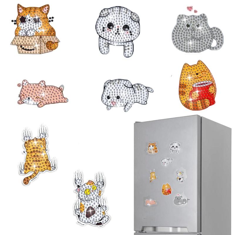 Cartoon Cat Pattern Refrigerator DIY Sticker, 8 Counts set DIY Diamond Art Painting Kit, DIY Refrigerator Sticker for Car, Notes, Memo, Photo