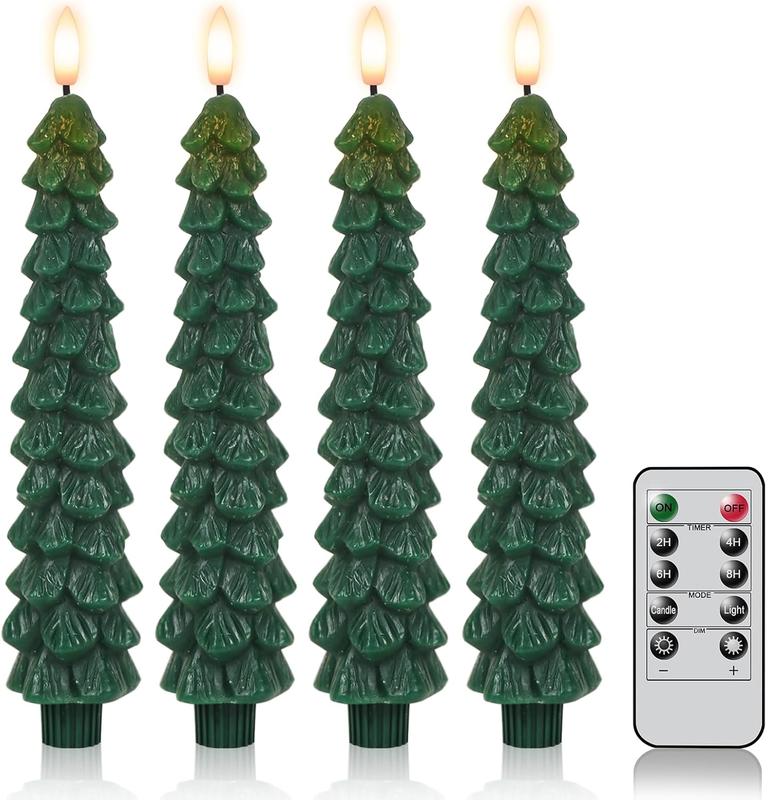 4 Pack Christmas Tree Candles with Remote, Waxy Flameless Taper Candles Flickering for Xmas Fireplace Holiday Party Home Room Decor