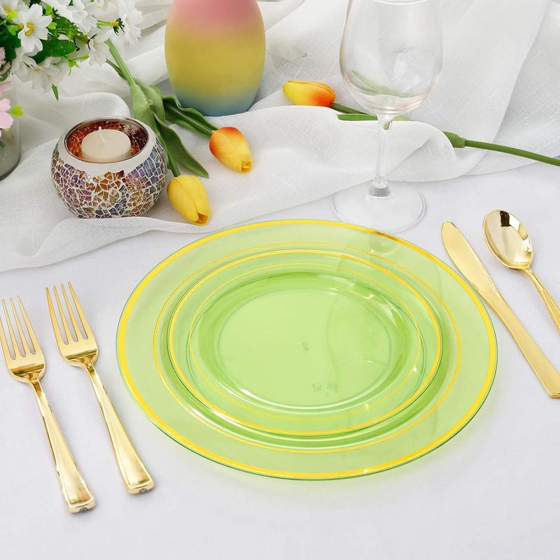 Wellife 150PCS Mint Plastic Plates With Gold Rim & Disposable Gold Plastic Silverware-Green Plastic Dinnerware For Wedding&Parties - 30 Dinner Plates,30 Salad Dessert Plates,30 Forks,30 Knives,30 Spoon