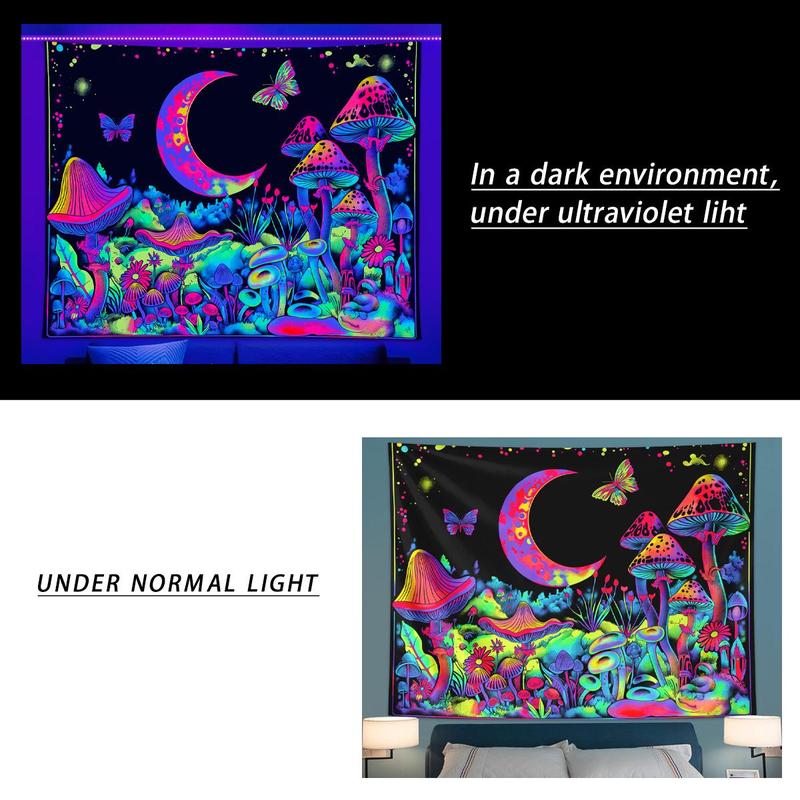 Mushroom & Moon & Butterfly Pattern Tapestry, 1 Count UV Reactive Fluorescent Tapestry, Neon Light Effect Wall Hanging Blanket for Bedroom & Living Room