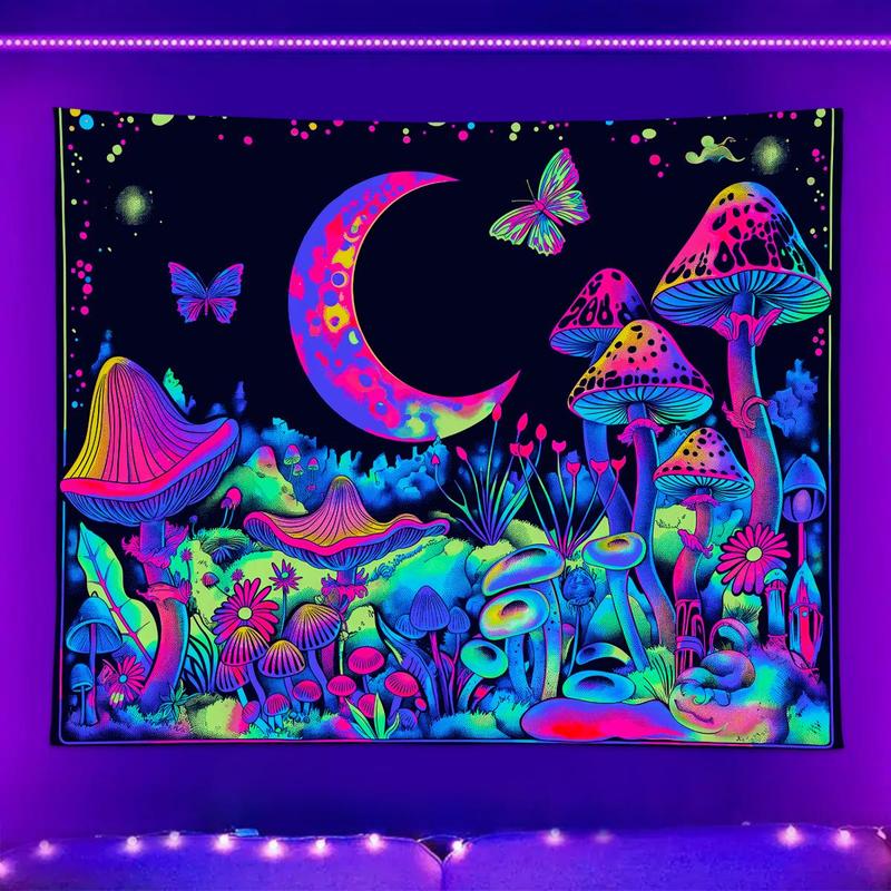 Mushroom & Moon & Butterfly Pattern Tapestry, 1 Count UV Reactive Fluorescent Tapestry, Neon Light Effect Wall Hanging Blanket for Bedroom & Living Room