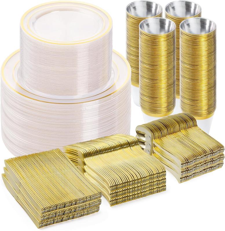 600Pcs Gold Silver Gold Glitter Plastic Tableware for 100 Guests Include 100 Dinner Plates, 100 Dessert Plates,100 Cups, 100 Plastic Cutlery