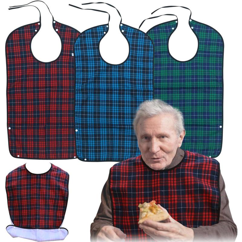 Adult Bibs for Men Pack of 3 - Reusable Bibs for Adult Eating, Clothing Protector with Crumb Catcher, Waterproof & Machine Washable Large Bids for Elderly Seniors Gifts for Men Dad Father Apron