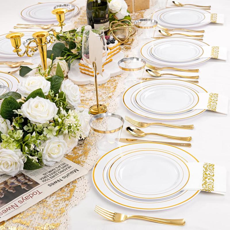 600Pcs Gold Silver Gold Glitter Plastic Tableware for 100 Guests Include 100 Dinner Plates, 100 Dessert Plates,100 Cups, 100 Plastic Cutlery