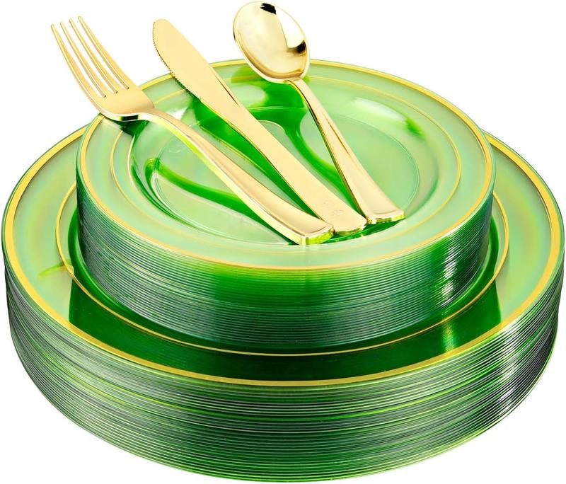 Wellife 150PCS Mint Plastic Plates With Gold Rim & Disposable Gold Plastic Silverware-Green Plastic Dinnerware For Wedding&Parties - 30 Dinner Plates,30 Salad Dessert Plates,30 Forks,30 Knives,30 Spoon