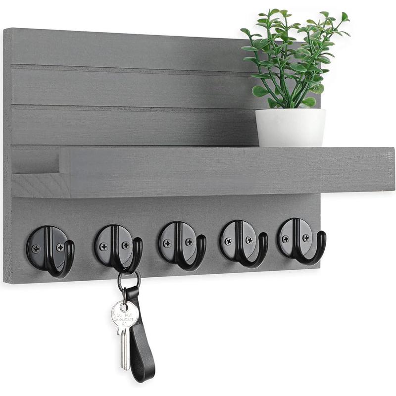 Key Holder for Wall, Decorative Key and Mail Holder with Shelf Has Large Hooks for Bags, Coats, Umbrella – Paulownia Wood Key Hanger with Mounting Hardware (9.8