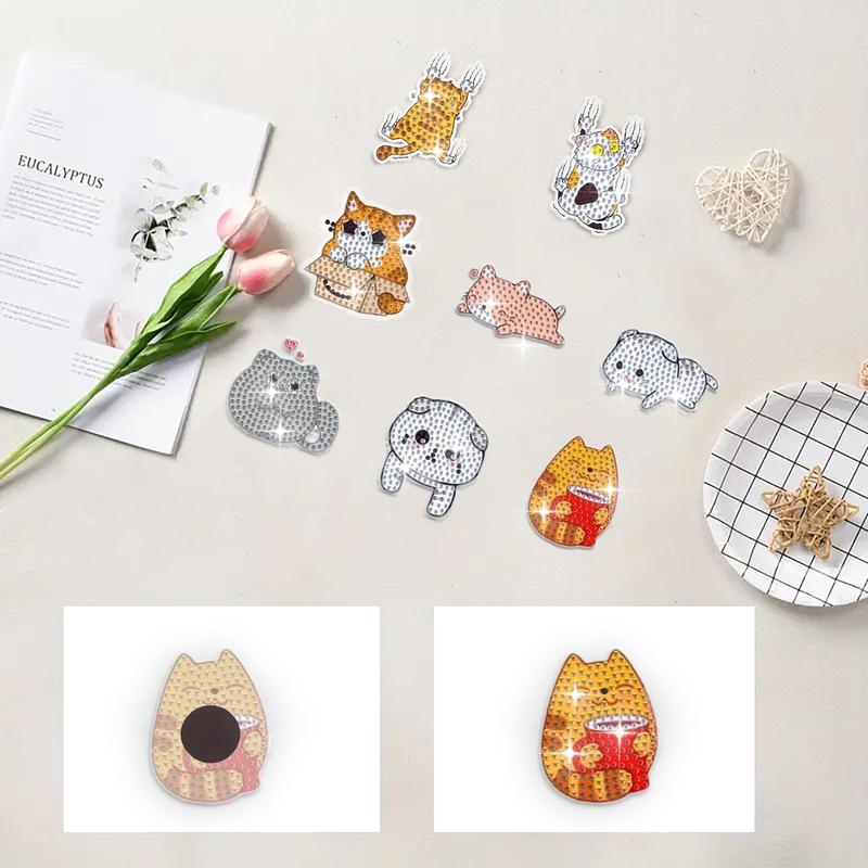 Cartoon Cat Pattern Refrigerator DIY Sticker, 8 Counts set DIY Diamond Art Painting Kit, DIY Refrigerator Sticker for Car, Notes, Memo, Photo