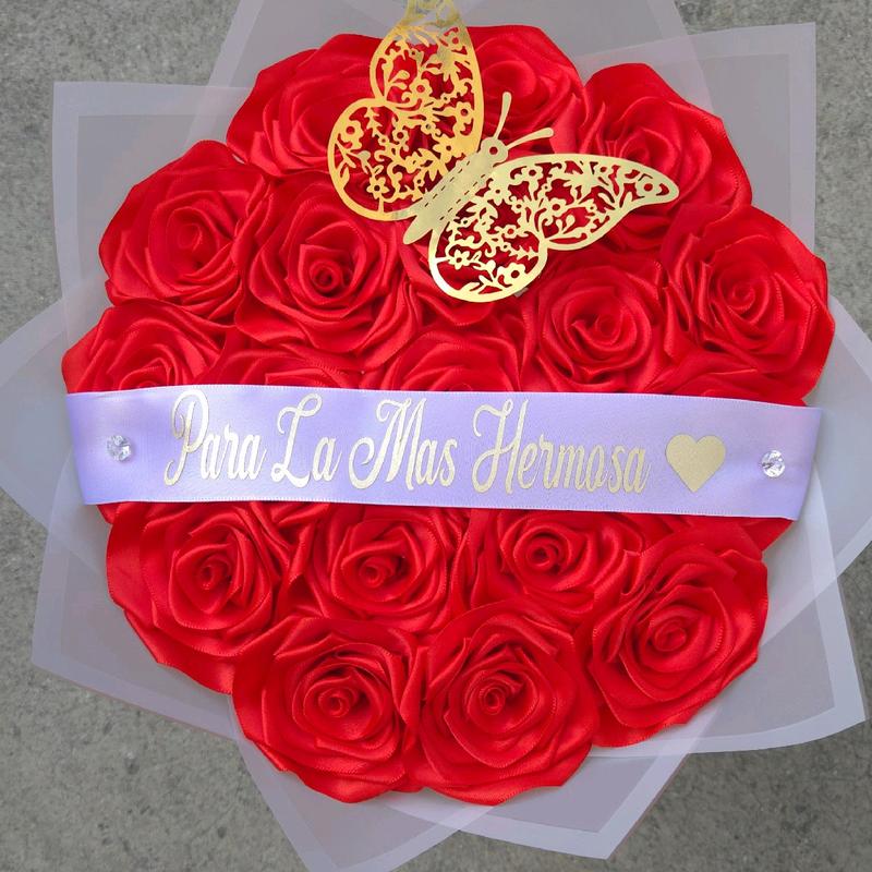 18 Red Eternal Rose Bouquet Para la mas hermosa Roses Rosas Eternas Liston Ribbon Decor Decorative Gift Decoration Bouquet Arrangement- Para la mas hermosa