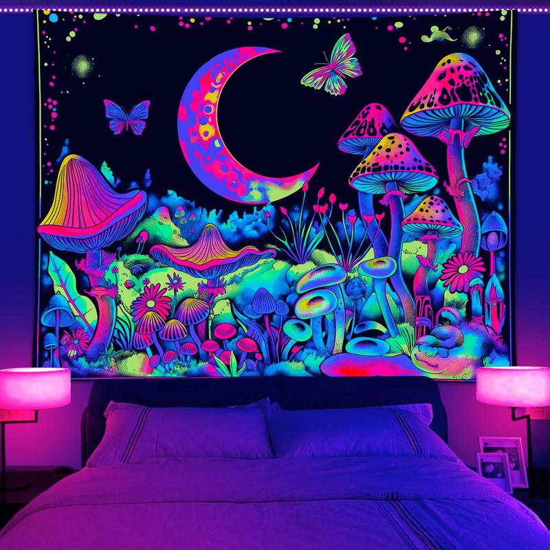 Mushroom & Moon & Butterfly Pattern Tapestry, 1 Count UV Reactive Fluorescent Tapestry, Neon Light Effect Wall Hanging Blanket for Bedroom & Living Room