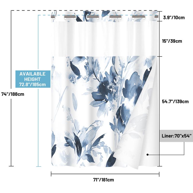 WITHLOC No Hook Shower Curtain with Snap in Liner - Floral Shower Curtain - Fabric Waterproof Inner Liner, Plants Aqua Blue Flowers Modern Cloth Shower Curtains - Machine Washable, 71 x 74 Inch 71 x 86 Inch