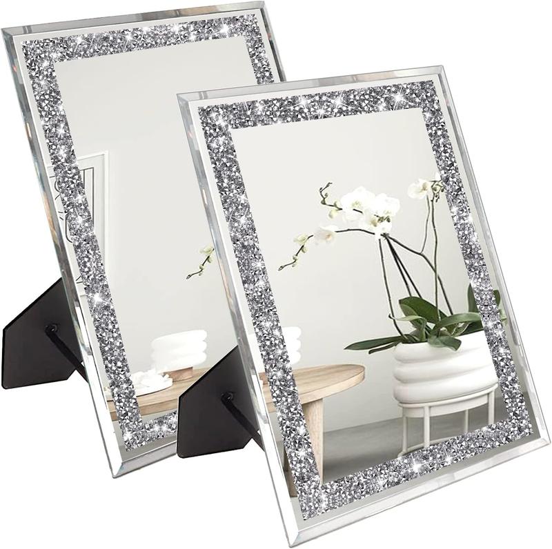 2 count Crystal Rhinestone Diamond Makeup Mirror.Cute and Portable Desktop Mirror with Braces.Accent Decorative Mirror for Travel Vanity Table Bedroom10x12