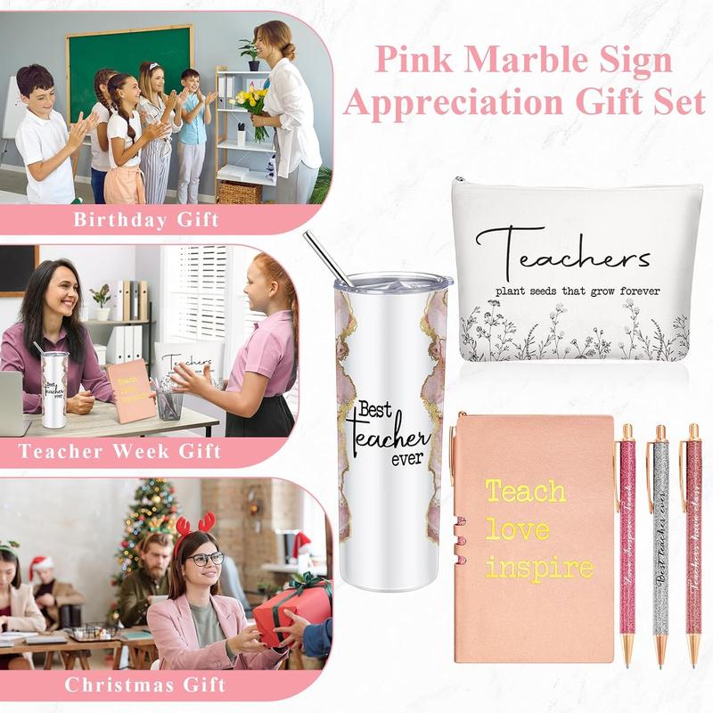 6 count Christmas Teacher Appreciation Gift Set for Women 20 oz Marble Sign Tumbler Inspirational Ballpoint Pen Notebooks with Makeup Bag Christmas Teacher Thank You Gifts(Rose Pink,Teacher)