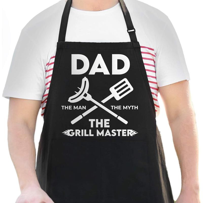 Apron for Men - Dad The Man The Myth The Grill Master - Adjustable Large 1 Size Fits All - Poly Cotton Apron with 2 Pockets - BBQ Gift Apron for Father, Husband, Chef