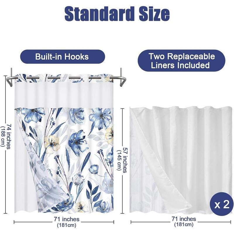 No Hook Shower Curtain with Snap On Shower Curtain Liners Replacement, Hotel Blue Floral Shower Curtain with 2 Liners and See Through Window, Double, Waterproof, Washable, 71