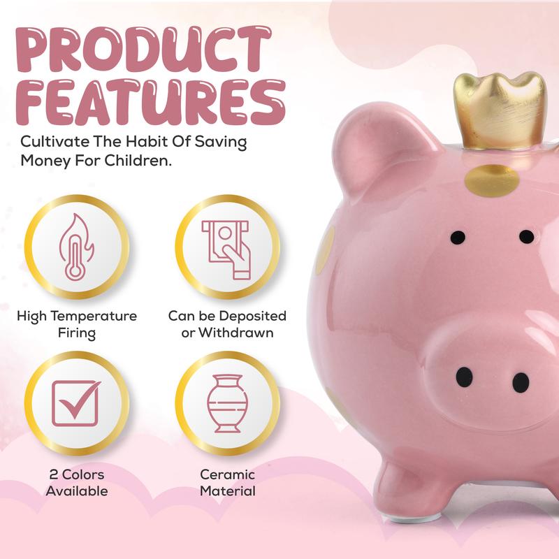 Small Ceramic Piggy Bank, Golden Polka Dot Piggy Bank with Crown, Small Piggy Bank Coin Bank Money Saving Bank for Kids Girls Boys(Pink 4.64”L x 5.51”W x 5.19”H)