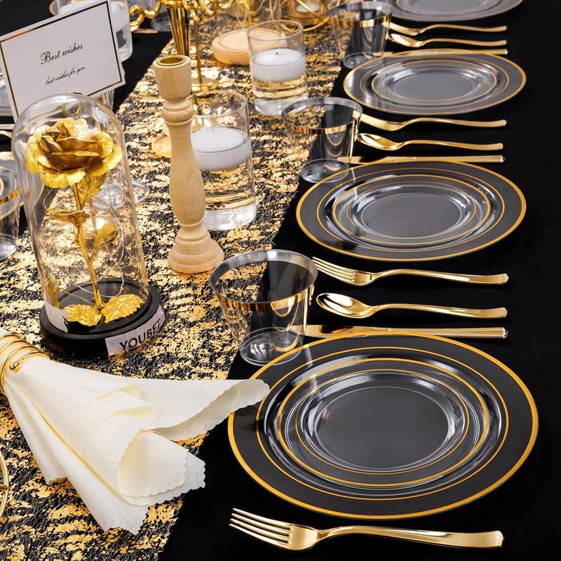 600Pcs Gold Silver Gold Glitter Plastic Tableware for 100 Guests Include 100 Dinner Plates, 100 Dessert Plates,100 Cups, 100 Plastic Cutlery