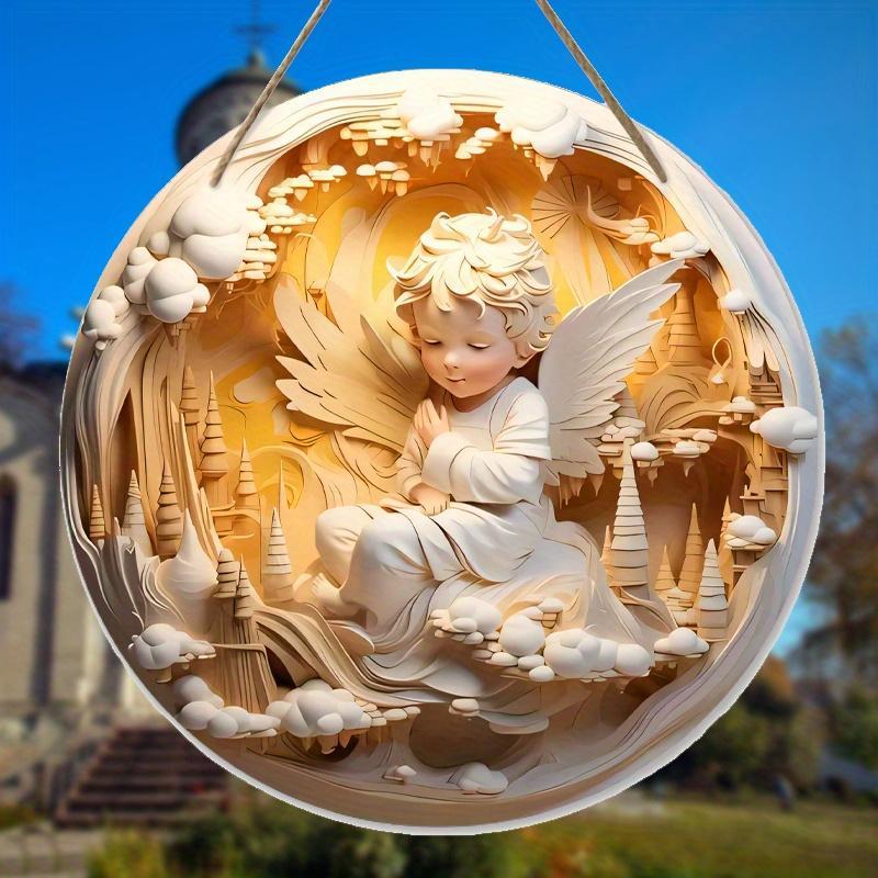 Wooden Hanging Ornament, 1 Count Angel Statue Castle Pattern Round Wooden Sign, Hanging Decor for Home Living Room Bedroom Church