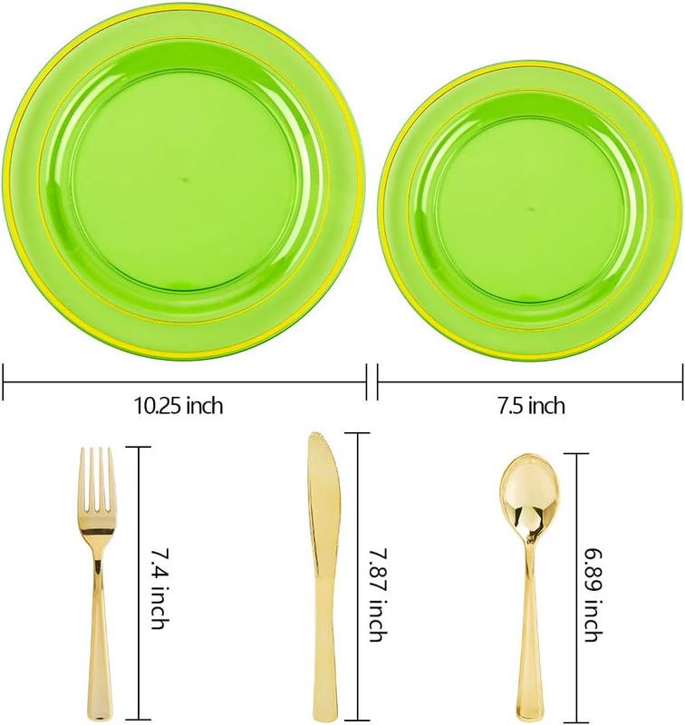 Wellife 150PCS Mint Plastic Plates With Gold Rim & Disposable Gold Plastic Silverware-Green Plastic Dinnerware For Wedding&Parties - 30 Dinner Plates,30 Salad Dessert Plates,30 Forks,30 Knives,30 Spoon