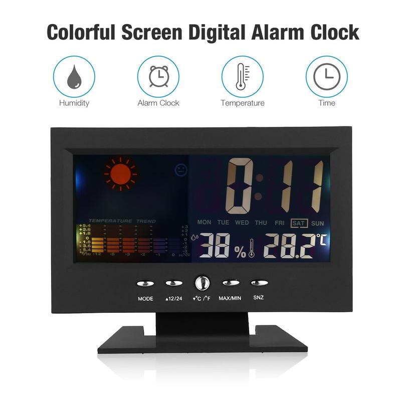 Auto Set Digital Alarm Clock|Thermometer Hygrometer Weather Display | Large Digits LED | Color Display LCD Screen with Snooze Calendar,Easy to Read - Perfect for Nightstand or Desk Decor Light Colorful Hanging Lightweight Switch