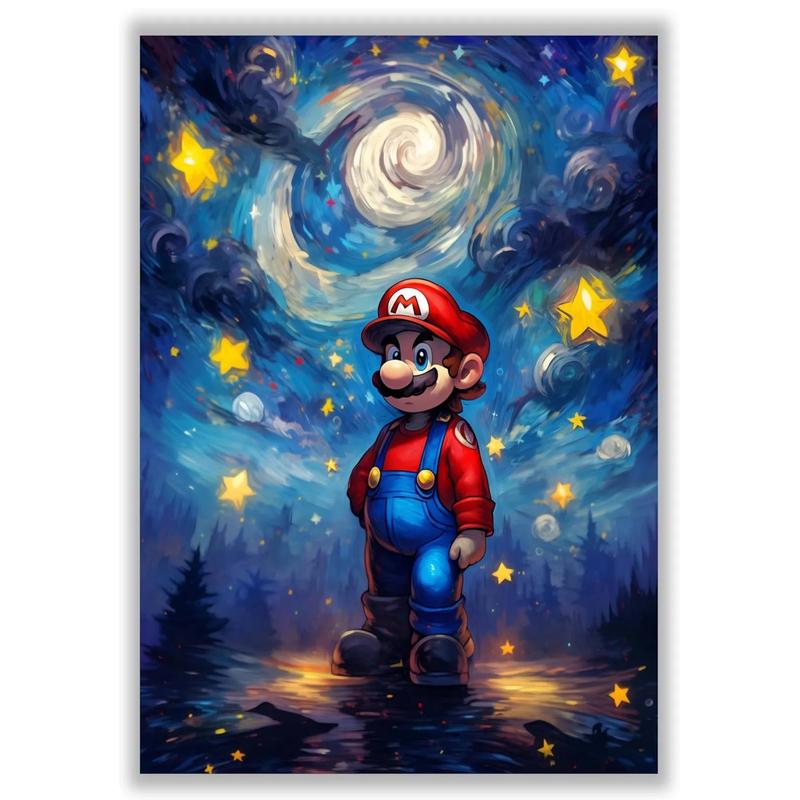 Mario Wall Art Poster Unframed - Van Gogh Starry Night Style Gaming Poster, Posters for Gamer Room, Boys Room Decor, Gamer Room Decor Wall Art, Mario Room Decor