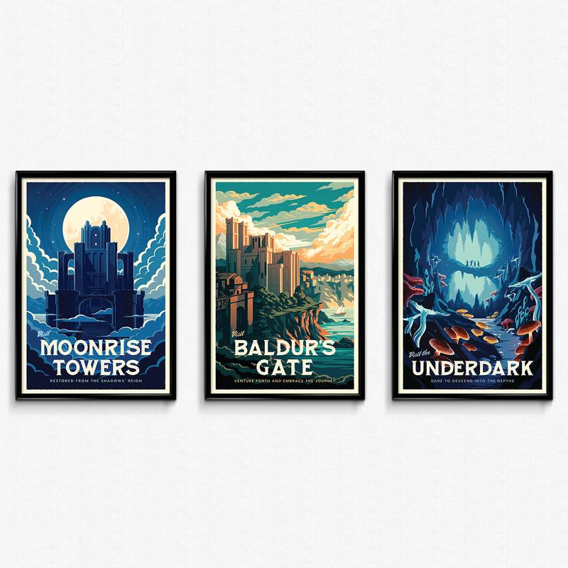 BG3 Travel Poster Bundle - Wall Decor Artwork Baldur's Gate Gaming Gift Gifts Ornaments