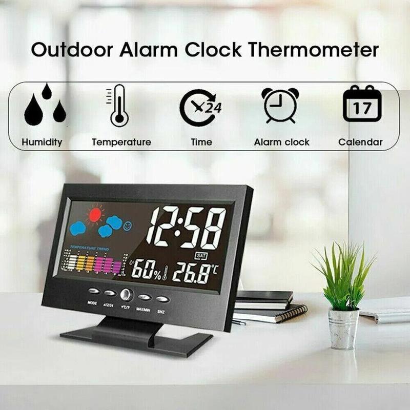 Auto Set Digital Alarm Clock|Thermometer Hygrometer Weather Display | Large Digits LED | Color Display LCD Screen with Snooze Calendar,Easy to Read - Perfect for Nightstand or Desk Decor Light Colorful Hanging Lightweight Switch