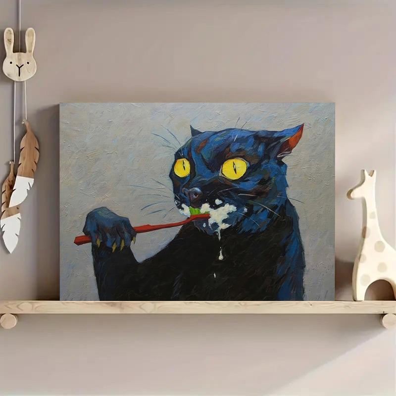 Unique Soul Canvas Poster - No Framed, Vibrant Black Cat Brushing Art Oil Painting Print, Exquisite Gift for Wall Decoration, Perfect for Bedroom, Office, Bar, Kitchen, Restaurant, Enhancing Home and Office Ambiance Ornaments Artistic Photo