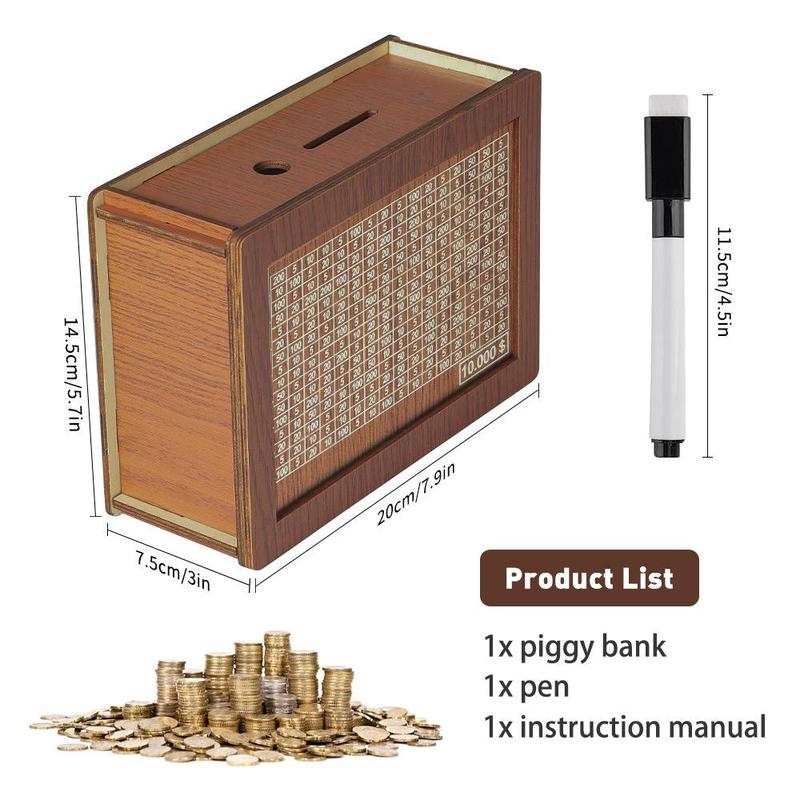 Wooden Money Box, Money Saving Box with Pen, Money Saving Jar, Piggy Bank for Adults & Kids, Gift for Friend