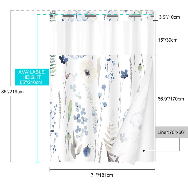 WITHLOC No Hook Shower Curtain with Snap in Liner - Floral Shower Curtain - Fabric Waterproof Inner Liner, Plants Aqua Blue Flowers Modern Cloth Shower Curtains - Machine Washable, 71 x 74 Inch 71 x 86 Inch