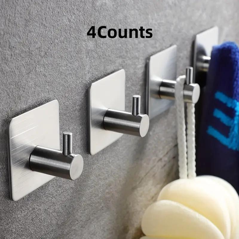 Stainless Steel Wall Mounted Hook, 4 Counts Waterproof Self Adhesive Wall Hook, Wall Mounted Hook for Clothes, Hat, Towel, Bathroom, Bedroom