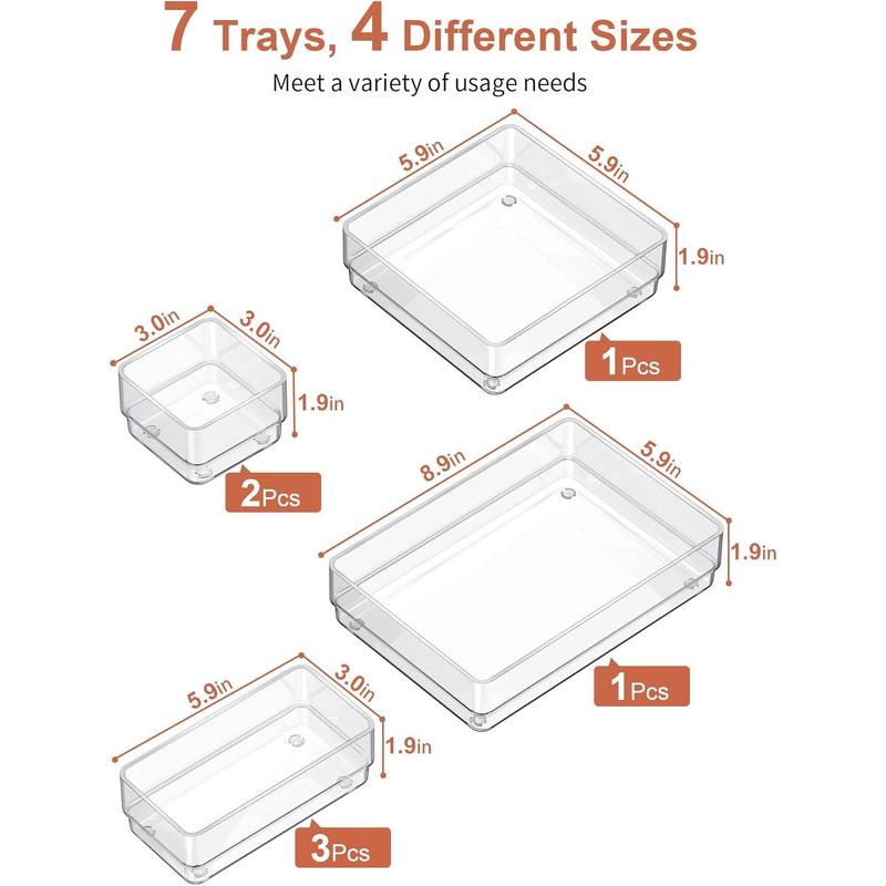 7-Piece Drawer Organizer with Non-Slip Silicone Pads, 4-Size Desk Drawer Organizer Trays Storage Tray for Makeup, Jewelries, Utensils in Bedroom Dresser, Office and Kitchen (Clear)